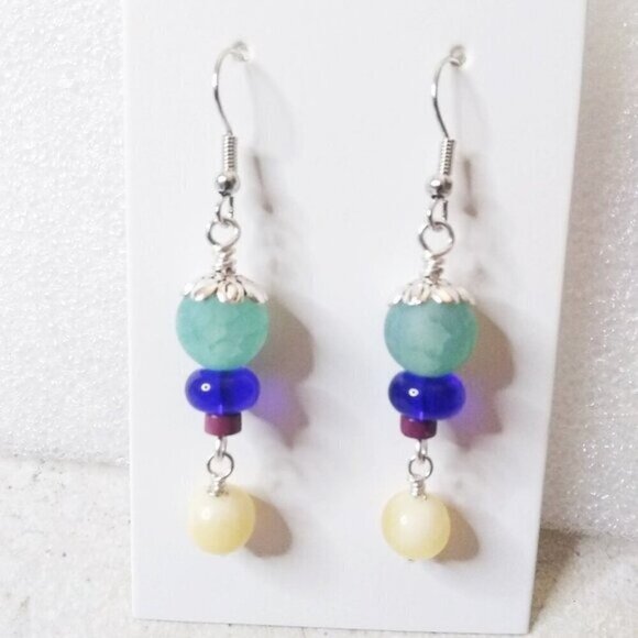 One-of-a-kind! Agate Citrine + Jasper Dangle Earrings! Vibrant Summer Colors! - Picture 3 of 6